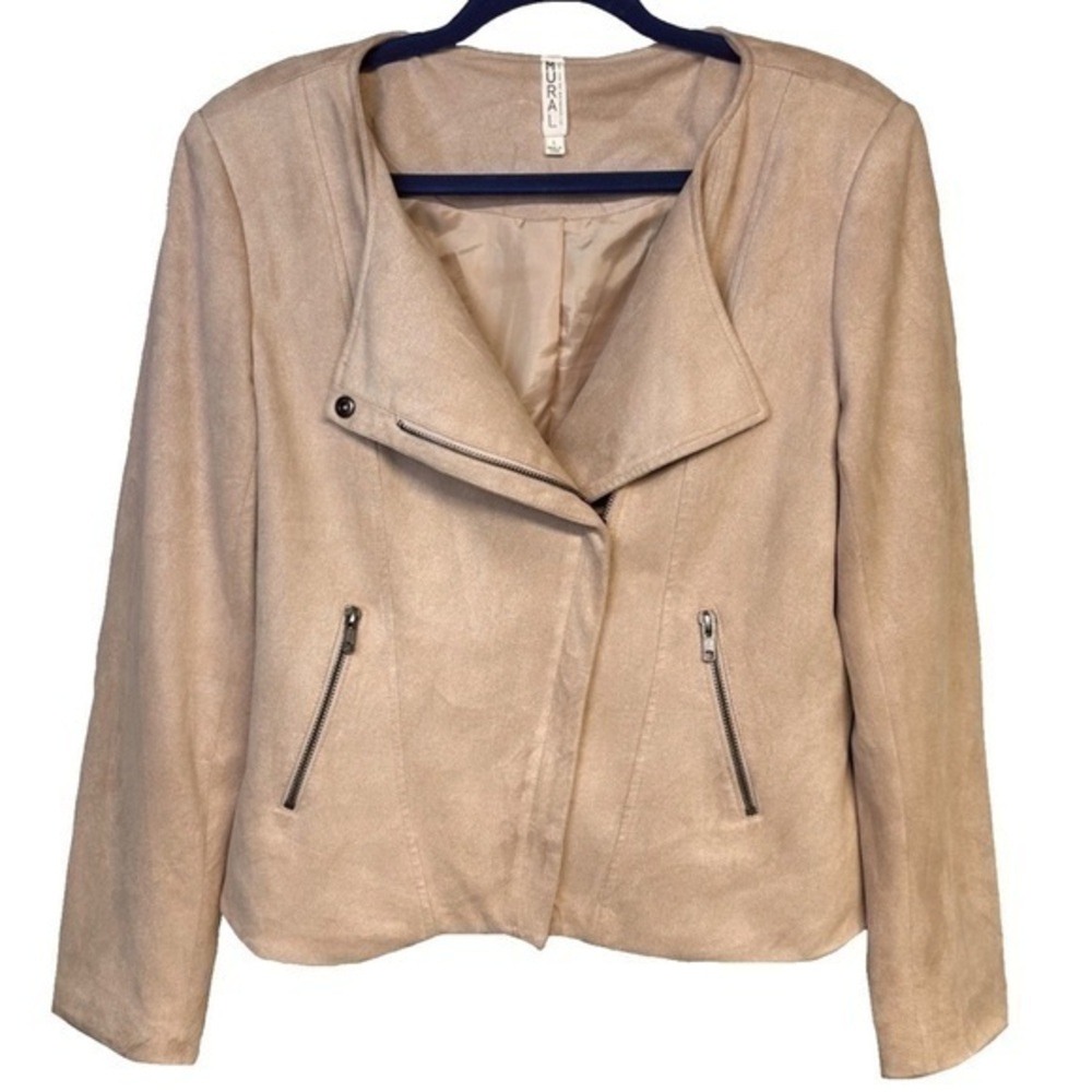 Mural Tan Beige Faux Suede Leather Moto Zip Jacket Large